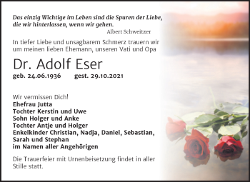 Traueranzeige von Adolf Eser von Trauerkombi Bitterfeld