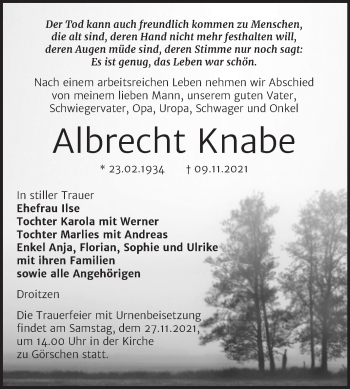 Traueranzeige von Albrecht Knabe von Wochenspiegel Naumburg/Nebra