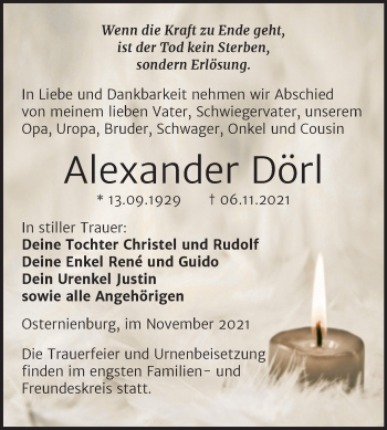 Traueranzeige von Alexander Dörl von Trauerkombi Köthen