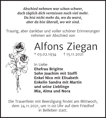 Traueranzeige von Alfons Ziegan von Trauerkombi Bernburg
