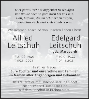 Traueranzeige von Alfred Leitschuh von Trauerkombi Bitterfeld
