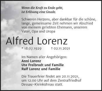 Traueranzeige von Alfred Lorenz von Trauerkombi Dessau