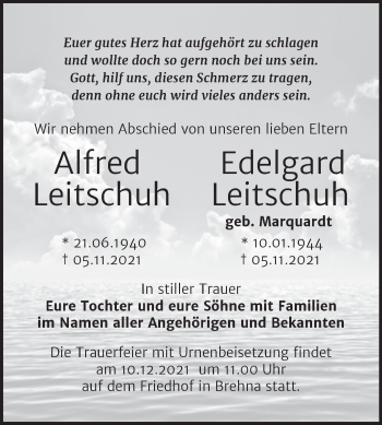 Traueranzeige von Alfred und Edelgard Leitschuh von Trauerkombi Bitterfeld