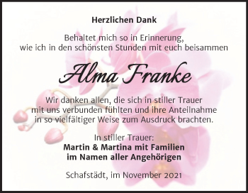 Traueranzeige von Alma Franke von Trauerkombi Merseburg