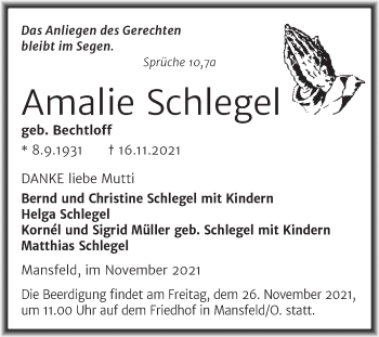 Traueranzeige von Amalie Schlegel von Trauerkombi Mansfelder Land