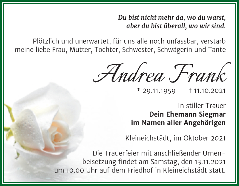 Traueranzeige für Andrea Frank vom 06.11.2021 aus Trauerkombi Merseburg
