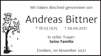 Traueranzeige von Andreas Bittner von Trauerkombi Mansfelder Land