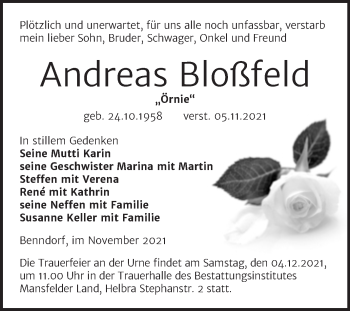 Traueranzeige von Andreas Bloßfeld von Trauerkombi Mansfelder Land