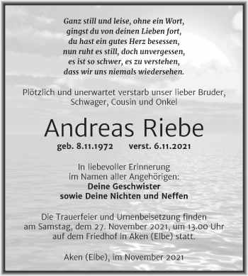 Traueranzeige von Andreas Riebe von Trauerkombi Köthen