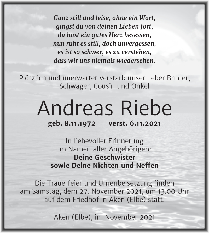  Traueranzeige für Andreas Riebe vom 13.11.2021 aus Trauerkombi Köthen
