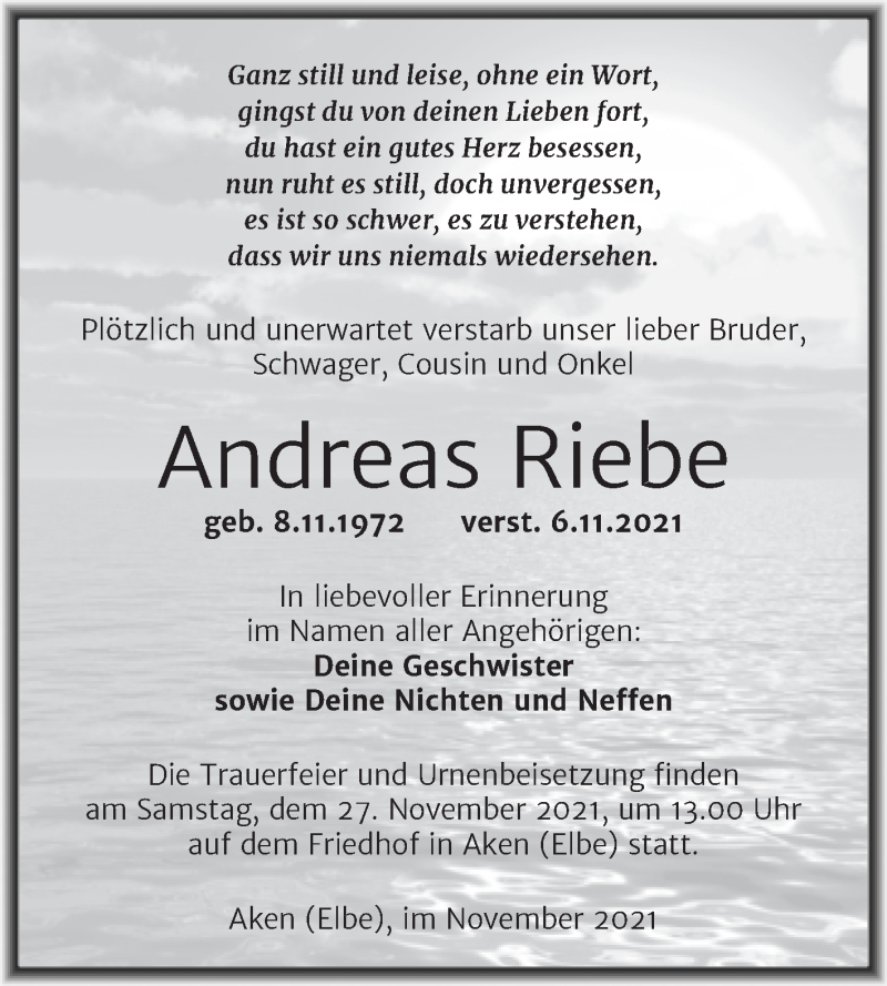  Traueranzeige für Andreas Riebe vom 11.11.2021 aus Trauerkombi Köthen