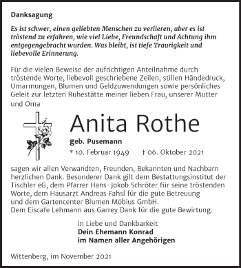 Traueranzeige von Anita Rothe von Trauerkombi Wittenberg