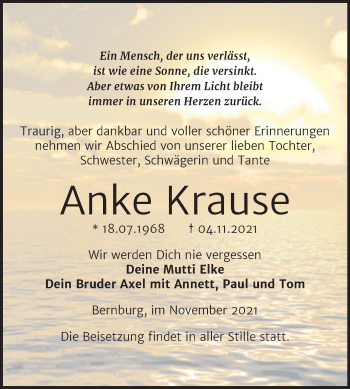 Traueranzeige von Anke Krause von Trauerkombi Bernburg