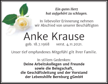 Traueranzeige von Anke Krause von Wochenspiegel Bernburg