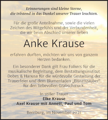 Traueranzeige von Anke Krause von Trauerkombi Bernburg