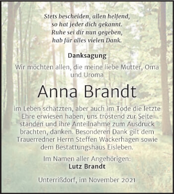 Traueranzeige von Anna Brandt von Trauerkombi Mansfelder Land
