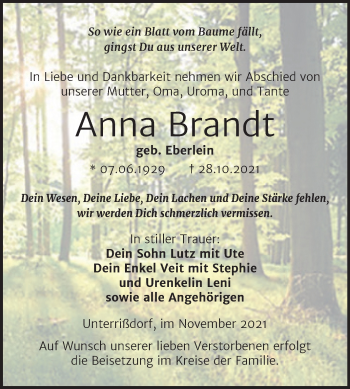 Traueranzeige von Anna Brandt von Trauerkombi Mansfelder Land