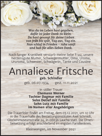 Traueranzeige von Annaliese Fritsche von Naumburger Tageblatt