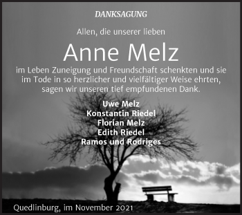 Traueranzeige von Anne Melz von Trauerkombi Quedlinburg