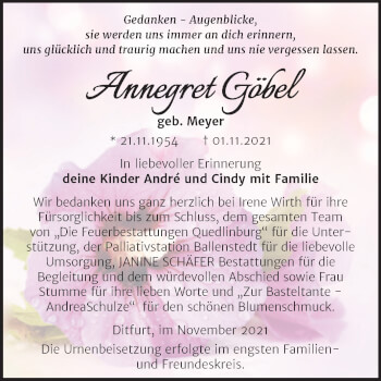 Traueranzeige von Annegret Göbel von Trauerkombi Quedlinburg