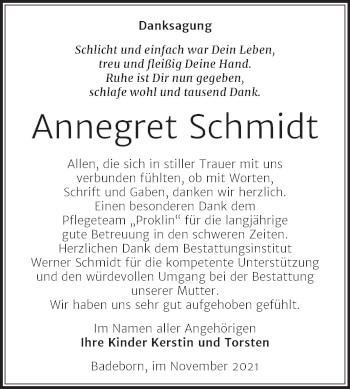 Traueranzeige von Annegret Schmidt von Trauerkombi Quedlinburg