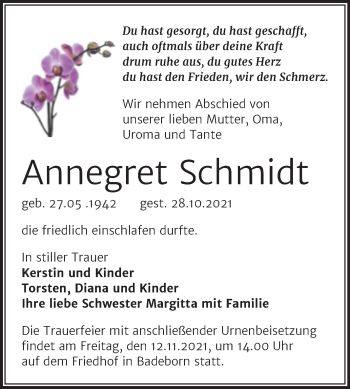 Traueranzeige von Annegret Schmidt von Trauerkombi Quedlinburg