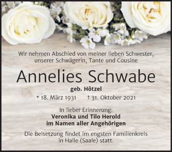 Traueranzeige von Annelies Schwabe von Trauerkombi Wittenberg