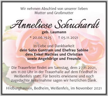 Traueranzeige von Anneliese Schuchardt von Trauerkombi Weißenfels