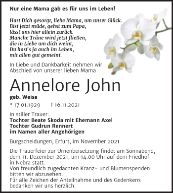 Traueranzeige von Annelore John von Naumburger Tageblatt
