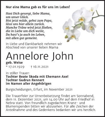 Traueranzeige von Annelore John von Wochenspiegel Naumburg/Nebra
