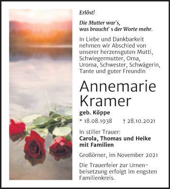 Traueranzeige von Annemarie Kramer von Trauerkombi Mansfelder Land