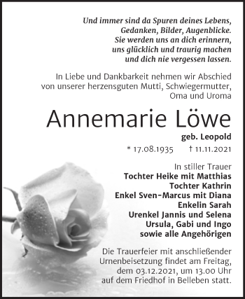 Traueranzeige von Annemarie Löwe von Trauerkombi Bernburg