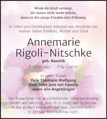 Traueranzeige von Annemarie Rigoli-Nitschke von Trauerkombi Dessau