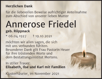 Traueranzeige von Annerose Friedel von Wochenspiegel Naumburg/Nebra