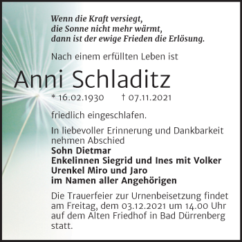 Traueranzeige von Anni Schladitz von Trauerkombi Merseburg