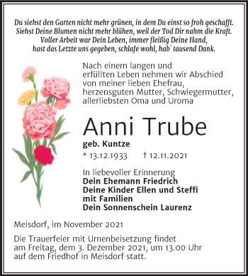 Traueranzeige von Anni Trube von Trauerkombi Quedlinburg