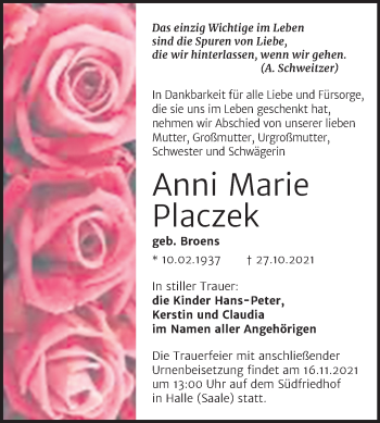 Traueranzeige von Anni Marie Placzek von Mitteldeutsche Zeitung Halle/Saalkreis