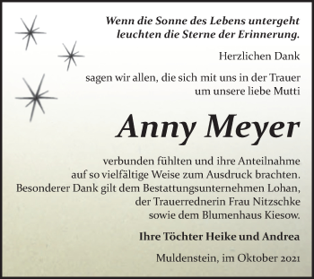 Traueranzeige von Anny Meyer von Trauerkombi Bitterfeld