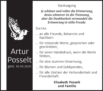 Traueranzeige von Artur Posselt von Trauerkombi Sangerhausen
