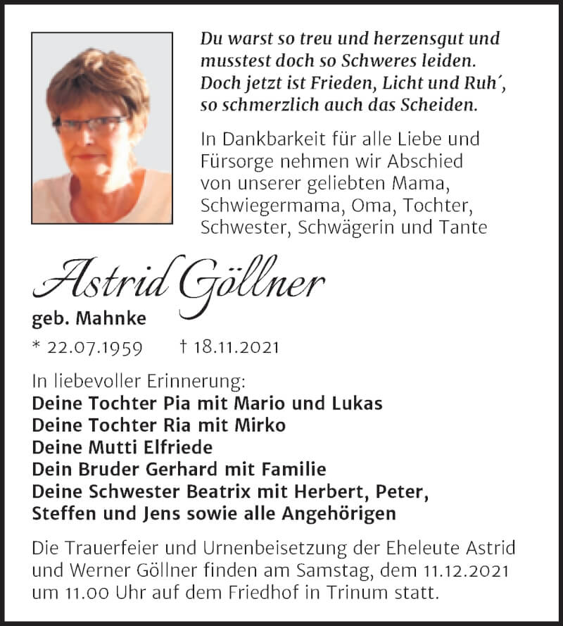  Traueranzeige für Astrid Göllner vom 27.11.2021 aus Trauerkombi Köthen
