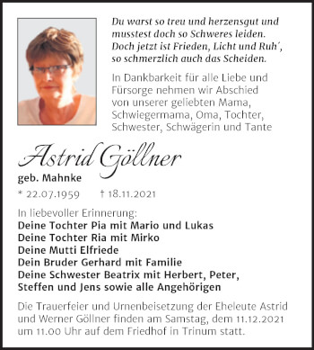 Traueranzeige von Astrid Göllner von Trauerkombi Köthen