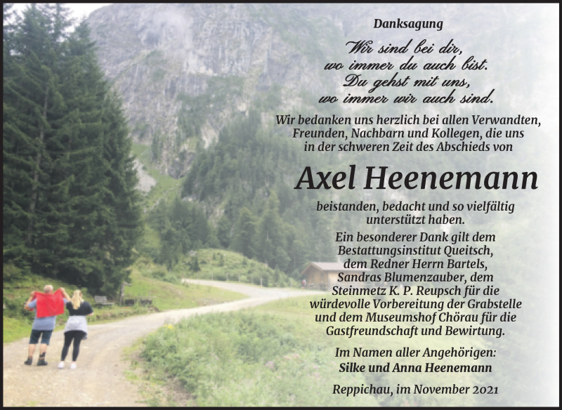  Traueranzeige für Axel Heenemann vom 20.11.2021 aus Trauerkombi Köthen