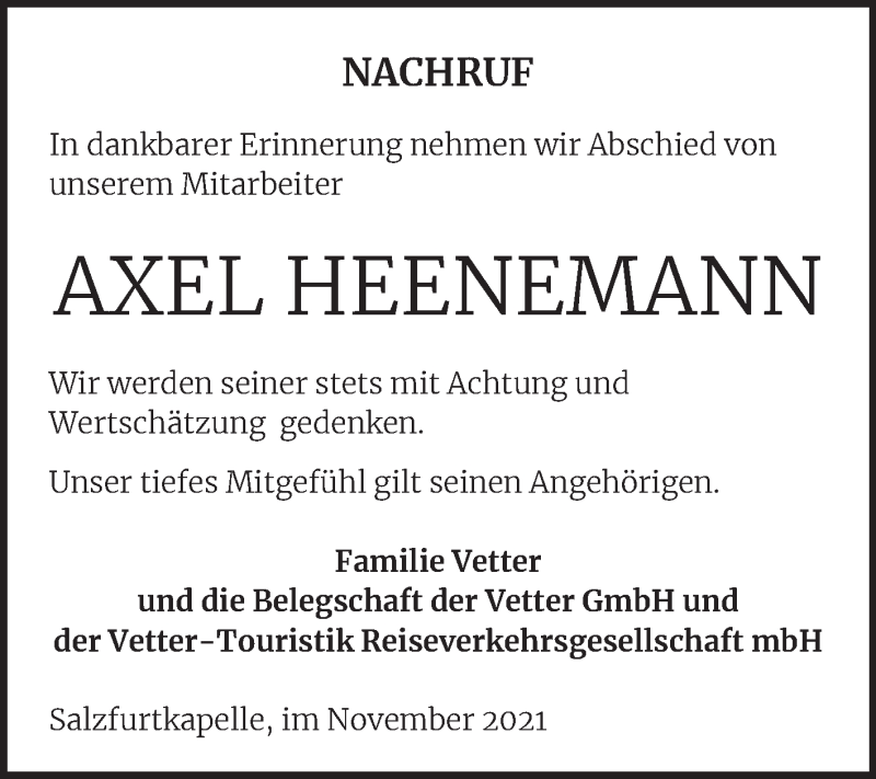  Traueranzeige für Axel Heenemann vom 10.11.2021 aus Wochenspiegel Köthen