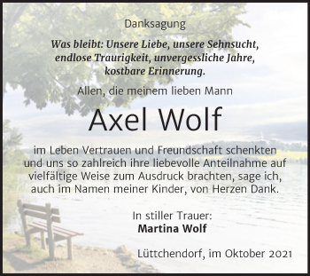 Traueranzeige von Axel Wolf von Trauerkombi Mansfelder Land
