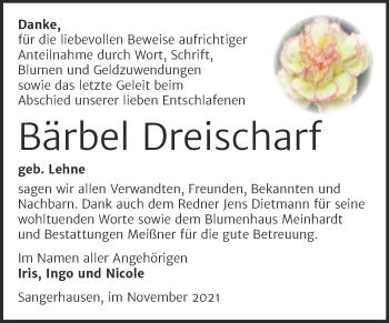 Traueranzeige von Bärbel Dreischarf von Trauerkombi Sangerhausen