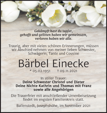 Traueranzeige von Bärbel Einecke von Trauerkombi Quedlinburg