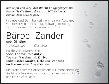 Traueranzeige von Bärbel Zander von Trauerkombi Merseburg