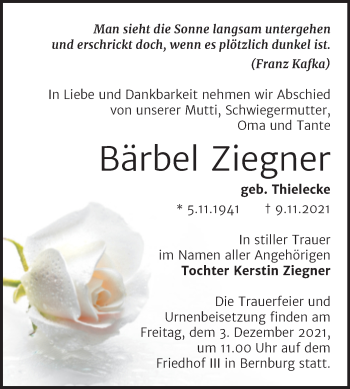 Traueranzeige von Bärbel Ziegner von Trauerkombi Bernburg