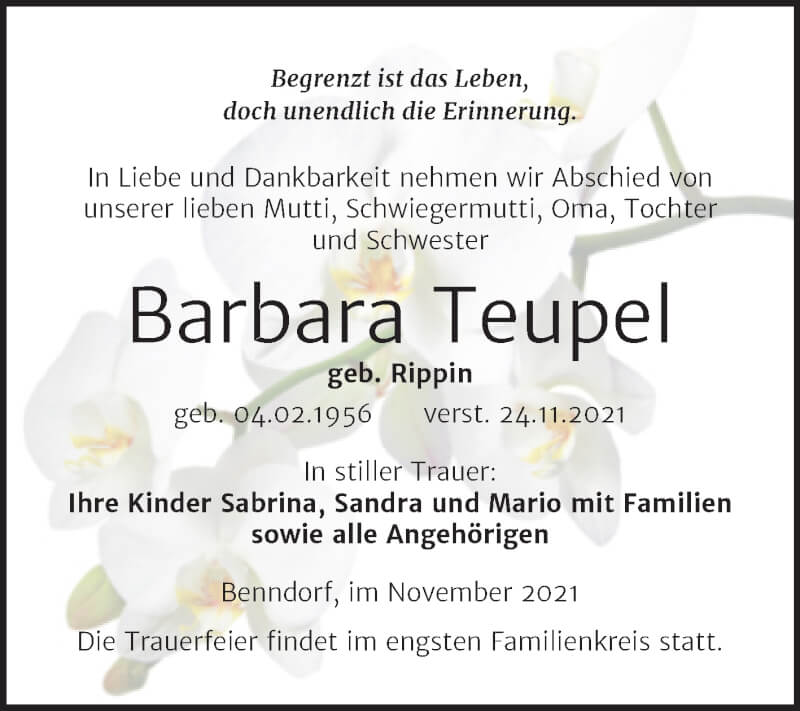  Traueranzeige für Barbara Teupel vom 27.11.2021 aus Trauerkombi Mansfelder Land
