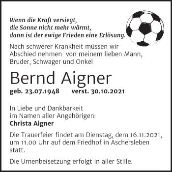 Traueranzeige von Bernd Aigner von Trauerkombi Aschersleben